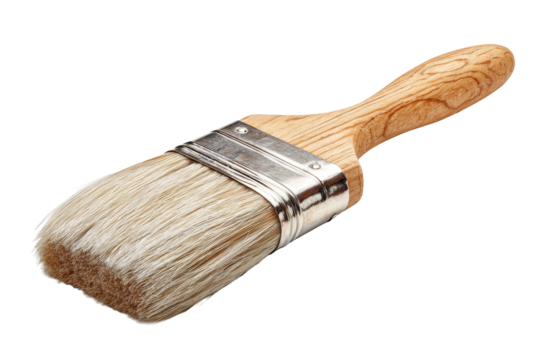 Wide paintbrush with a wooden handle, pale bristles, sturdy ferrule, and clean professional tool detailing isolated on transparent background.
- Powered by Adobe