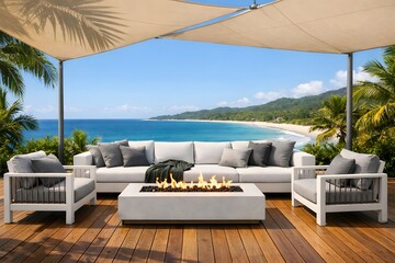 Fototapeta premium Resort style beachfront deck seating for relaxing travel and summer holidays
