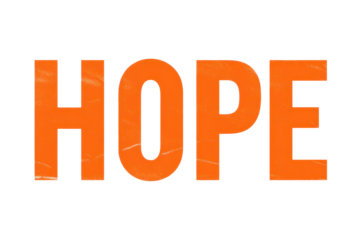 Bold orange word HOPE with clean edges, slightly rounded letter shapes, and strong typographic presence as a standalone text element isolated on transparent background.

