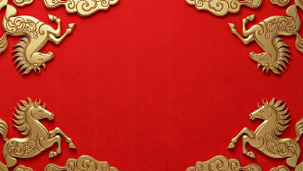 Chinese New Year greeting background template with fire horse zodiac in gold, red, and black festive colors.