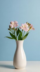 Obraz premium A white vase with pink alstroemeria flowers and green leaves against a light blue background pink flowers