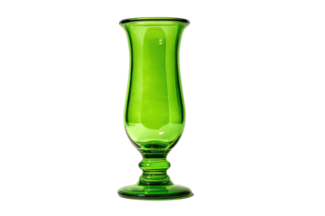 Tall translucent green glass with a slim goblet vase shape, narrow neck, thicker base, and clear reflections with light refraction isolated on transparent background.
