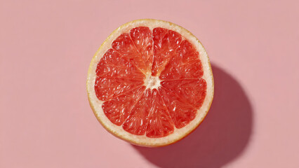 A single grapefruit half displayed top-down on a pastel surface, showcasing its vibrant red interior and subtle shadow.