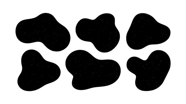 Six irregular black shapes with subtle speckle texture, reminiscent of cowhide pattern, isolated on a white background. Flat design.