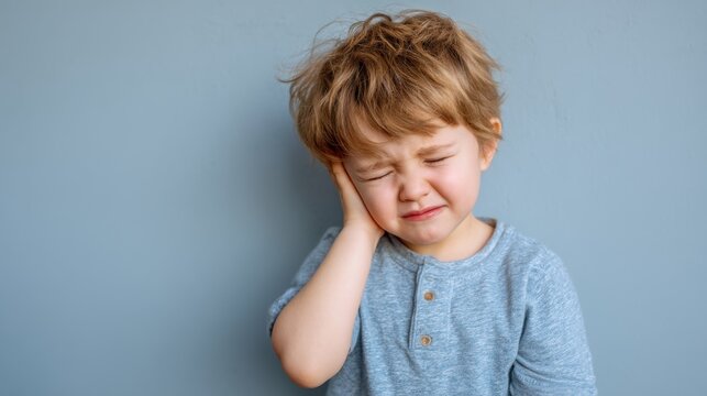 Caucasian young child with hearing pain holding ear against blue background.