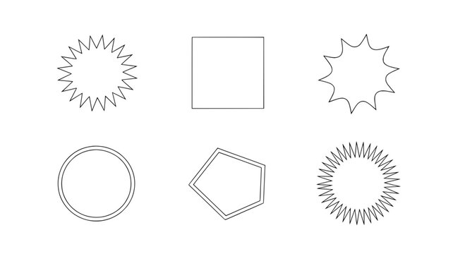 Collection of six basic geometric shapes including stars, a square, a circle, and a pentagon, all rendered as simple black outlines on a white background.
