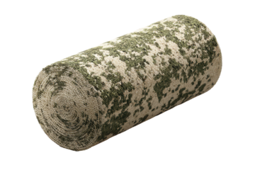 Camouflage patterned cylindrical roll with mottled green brown print, tight layered wrap texture, and clean rounded ends isolated on transparent background.
