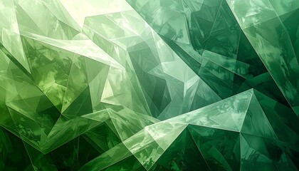 Abstract polygonal shapes in shades of green and light, with a reflective, geometric effect