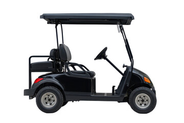 Small black golf cart silhouette with a roof canopy, two seats, and clear wheel shapes in a clean simplified design isolated on transparent background.

