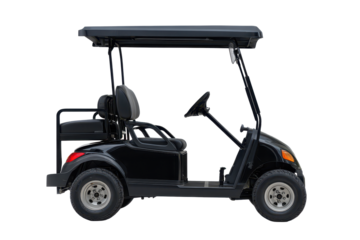 Small black golf cart silhouette with a roof canopy, two seats, and clear wheel shapes in a clean simplified design isolated on transparent background.
