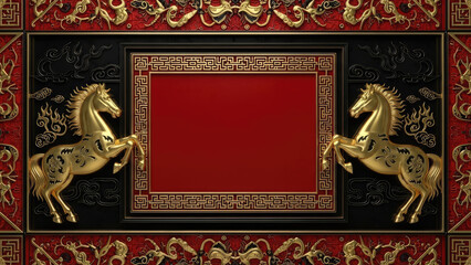 Chinese New Year greeting background template with fire horse zodiac in gold, red, and black festive colors.