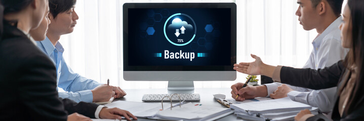 Business intelligence and data analysis concept. Analyst team working on financial data analysis dashboard on laptop screen as marketing indication for effective business strategic planning. Insight