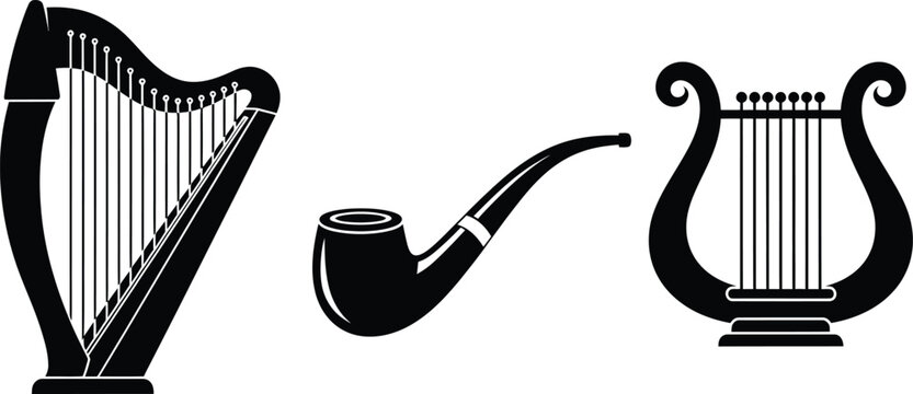 Vintage Lyre Musical Instrument and Classic Smoking Pipe Silhouette