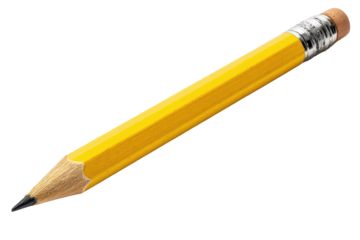 Yellow wooden pencil with a pink eraser end, sharpened graphite tip, and smooth lacquered body isolated on transparent background.

