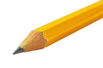Yellow wooden pencil with a pink eraser end, sharpened graphite tip, and smooth lacquered body isolated on transparent background.
