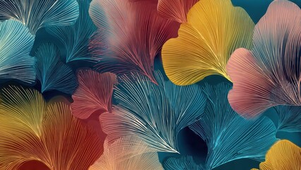 Luxurious abstract seamless pattern featuring glowing fan-shaped leaves in contrasting colors (gold, blue, teal, red) with fine luminous vein structures