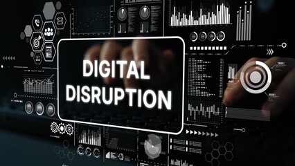 Digital Disruption Concept with Data Visualization, Technology Background, and Hands on Keyboard for Innovative Business Strategy. Asymptotic smart data analytic.