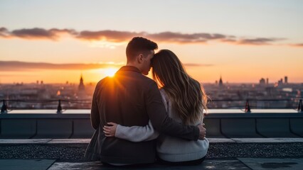 Couple Sitting Together Watching Sunset Cityscape.