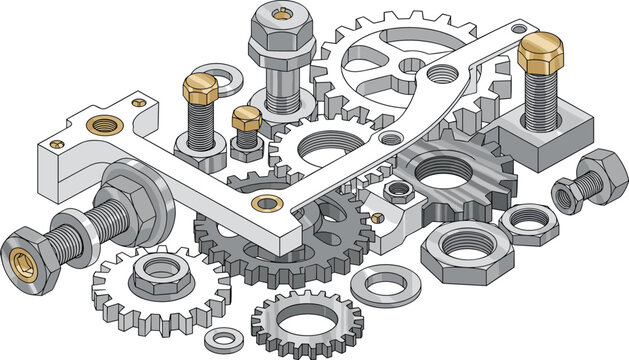 Detailed technical illustration of gears, bolts, nuts, washers, brackets, mechanical parts, engineering design vector for manufacturing