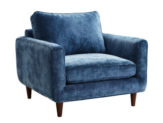 Plush blue upholstered armchair with wide armrests, boxy cushioned seat, supportive backrest, and short sturdy legs isolated on transparent background.
