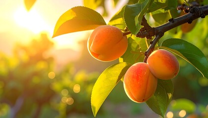 Close-up of ripe, orange fruit on a branch, illuminated by golden sunlight through the leaves