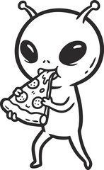 Fototapeta premium Alien eating pizza cartoon vector illustration.