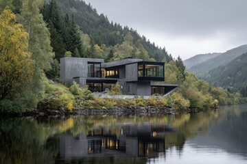 Obraz premium Modern house by a lake, surrounded by trees and mountains, reflects on the water during cloudy weather in a remote location