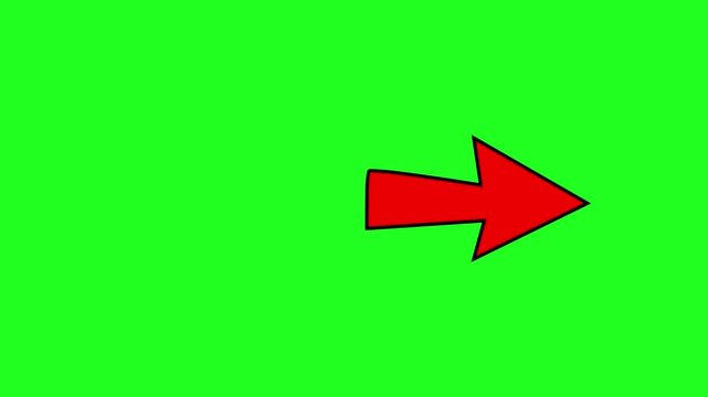 Red arrow pointing right animation moving sideways on green screen background. Directional pointer symbo