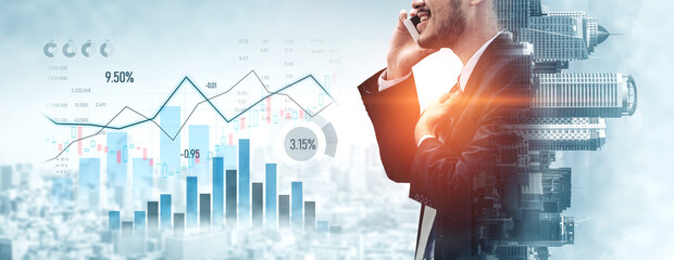 A businessman in a suit engaged in a phone conversation, with financial charts and graphs illustrating market trends and analytics in a modern business environment. Scalp