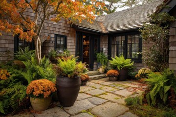 Obraz premium Vibrant fall hues envelop a charming house, featuring stone pathways and abundant greenery in the front yard, creating a picturesque autumn scene