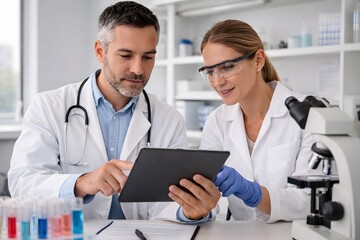 Two medical professionals reviewing data on a tablet in a laboratory