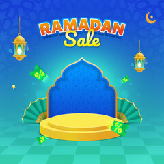 Ramadan Sale Promotional Banner with 3D Podium and Islamic Elements