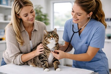 A veterinarian examining a cat while its owner watches with a smile