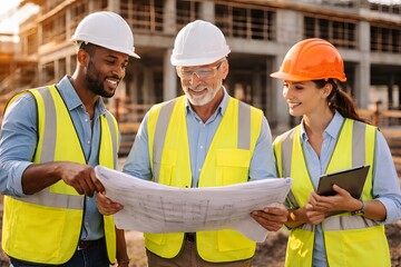 Three construction professionals discussing plans on a job site