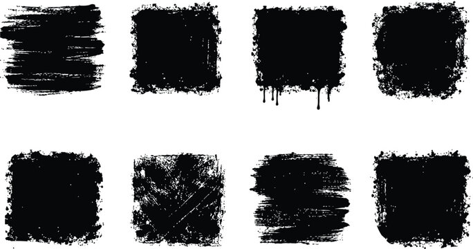 Grunge black square paint splashes and ink brush strokes vector texture set