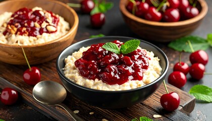 Close-up of oatmeal topped with cherry compote in a bowl, plus other ingredients
