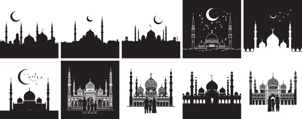 Obraz premium Islamic Architecture Silhouette Collection: A captivating collection of intricately detailed silhouette illustrations of iconic mosques, bathed in the tranquil moonlight.