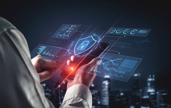 A futuristic cybersecurity dashboard for a Security Operations Center (SOC). The system monitors the network, analyzes data for threats, and provides comprehensive protection. Fermion - Powered by Adobe