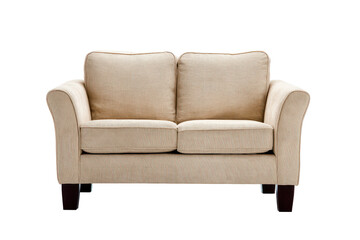 Fototapeta premium Small beige loveseat sofa with cushioned back and arms, short legs, smooth upholstery texture, simple modern silhouette and cozy compact seating isolated on transparent background.