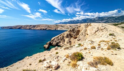 Coastal landscape showcases ocean, cliffs, distant mountains, and dynamic cloud-filled sky