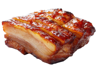 Glazed roasted pork belly piece with browned caramelized exterior, visible sliced layers, juicy meat texture, rendered fat sheen and savory roasted detail isolated on transparent background.