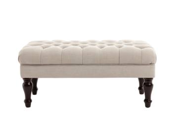 Upholstered beige ottoman bench with tufted cushion, soft rounded edges, dark wooden legs, smooth fabric texture and cozy modern seating accent isolated on transparent background.