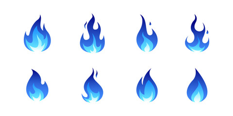 A collection of stylized blue flames in various shapes and sizes, ideal as icons or symbols for energy, heat, technology, and branding. Dynamic, modern fire visuals suitable for creative projects. © colorfun