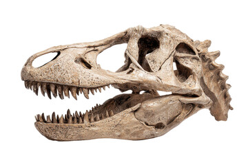 Fototapeta premium A dinosaur skull fossil lying sideways, detailed bone cavities and jaw structure visible, realistic ancient texture, isolated on a white background --ar 3:2 --v 7 Job ID: 4e1f45fd-a829-4ef1-9fd8-ffb0e