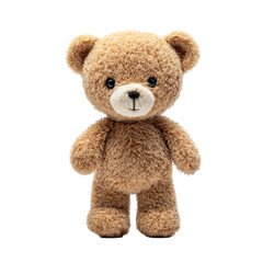 Small teddy bear standing upright with soft plush fur texture, stitched facial features, rounded ears and gentle cuddly toy proportions isolated on transparent background.