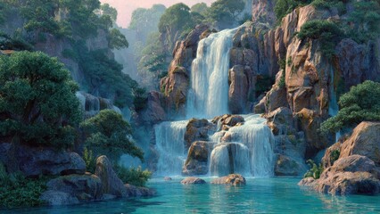 Majestic Waterfall Cascading Down Lush Tropical Cliffs into a Turquoise Pool - Serene Fantasy Nature Landscape
