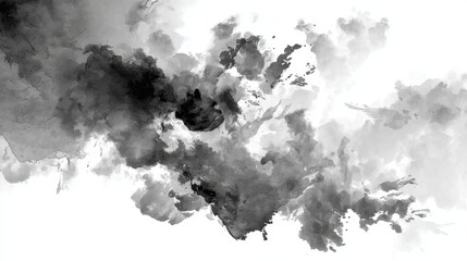 Obraz premium Abstract black and white ink splatter art with dynamic smoke-like patterns.