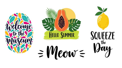 Vibrant illustrations of summer elements and phrases displayed together in a lively art collection