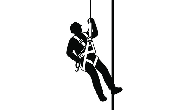 Silhouette of a worker rappelling down a vertical structure with safety harness