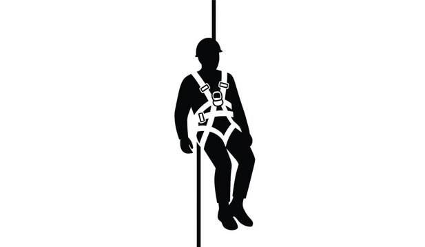 Silhouette of a worker suspended on a rope with safety harness
